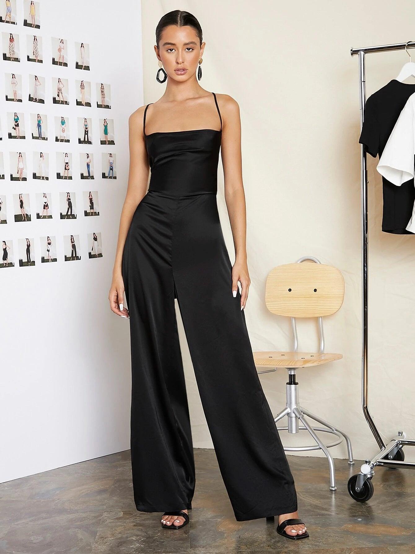 Lace Up Backless Solid Slip Jumpsuit-Comfy Jumpsuits