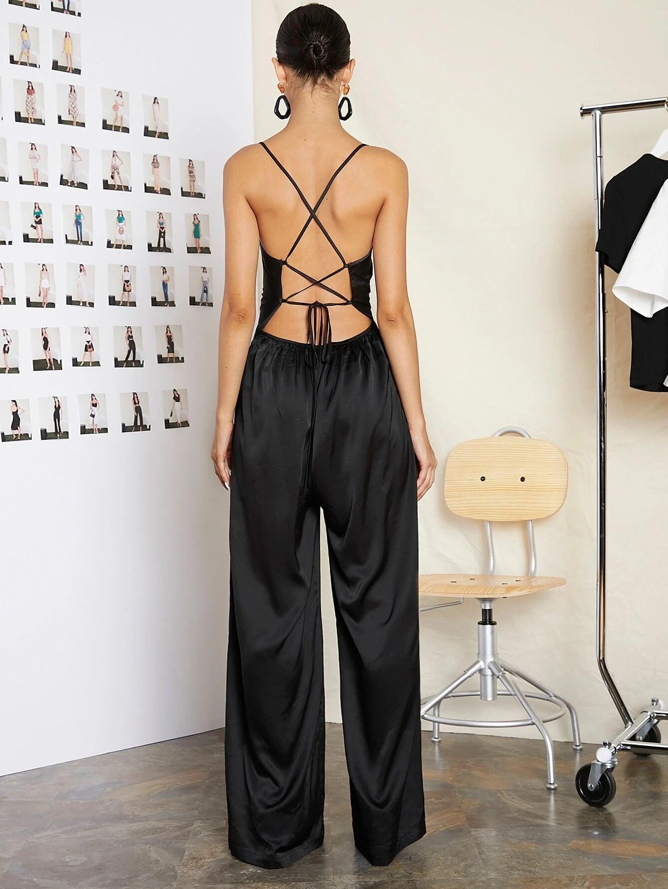 Lace Up Backless Solid Slip Jumpsuit-Comfy Jumpsuits