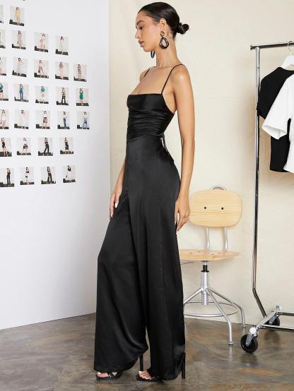 Lace Up Backless Solid Slip Jumpsuit-Comfy Jumpsuits