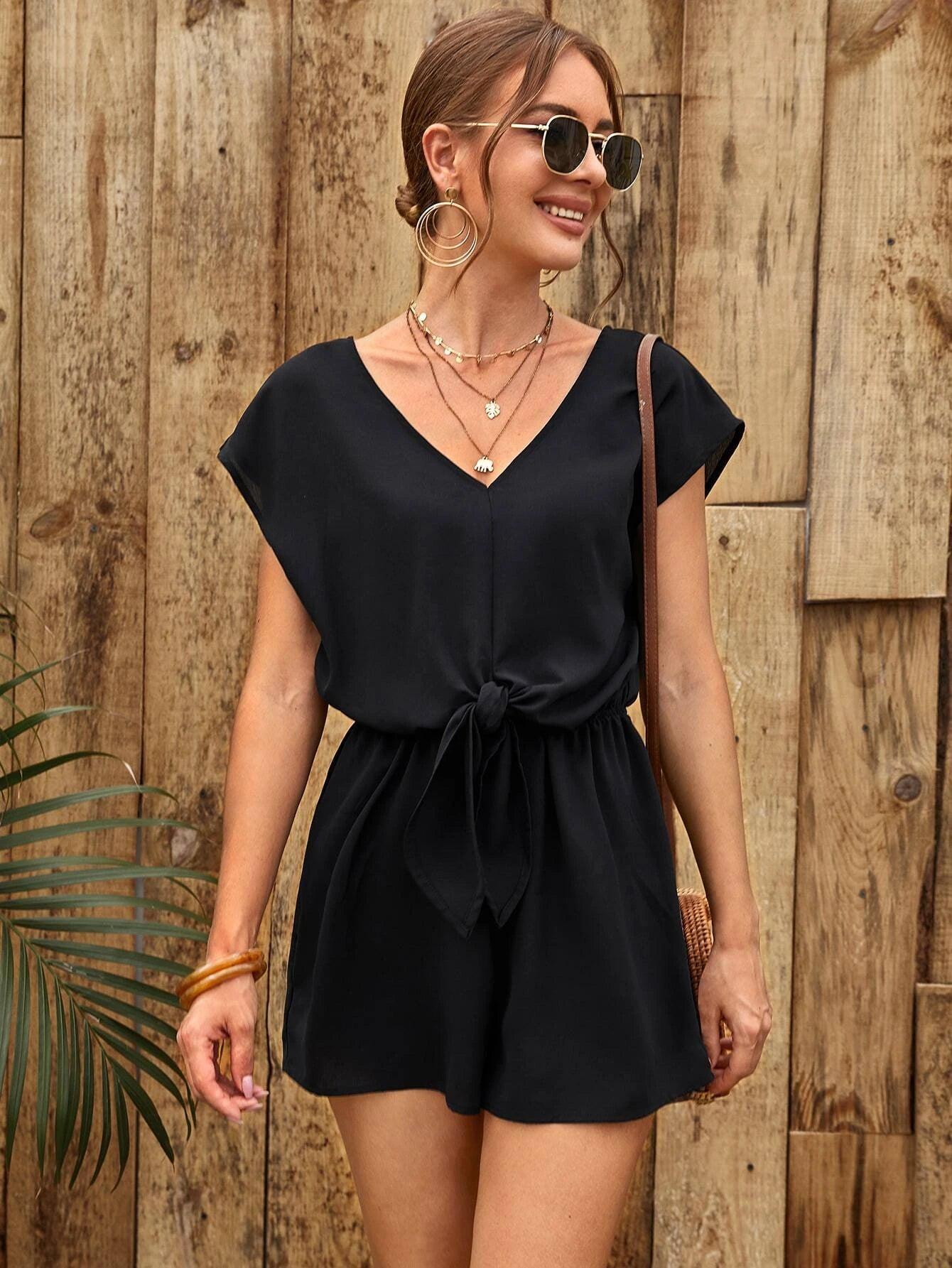 Casual Plain Batwing Sleeve Romper-Comfy Jumpsuits