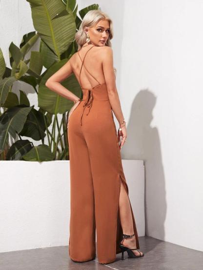 Crisscross Backless Split Thigh Cami Jumpsuit-Comfy Jumpsuits