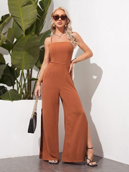 Crisscross Backless Split Thigh Cami Jumpsuit-Comfy Jumpsuits