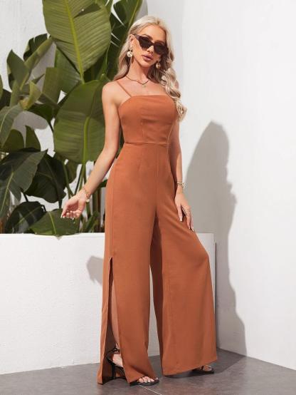 Crisscross Backless Split Thigh Cami Jumpsuit-Comfy Jumpsuits