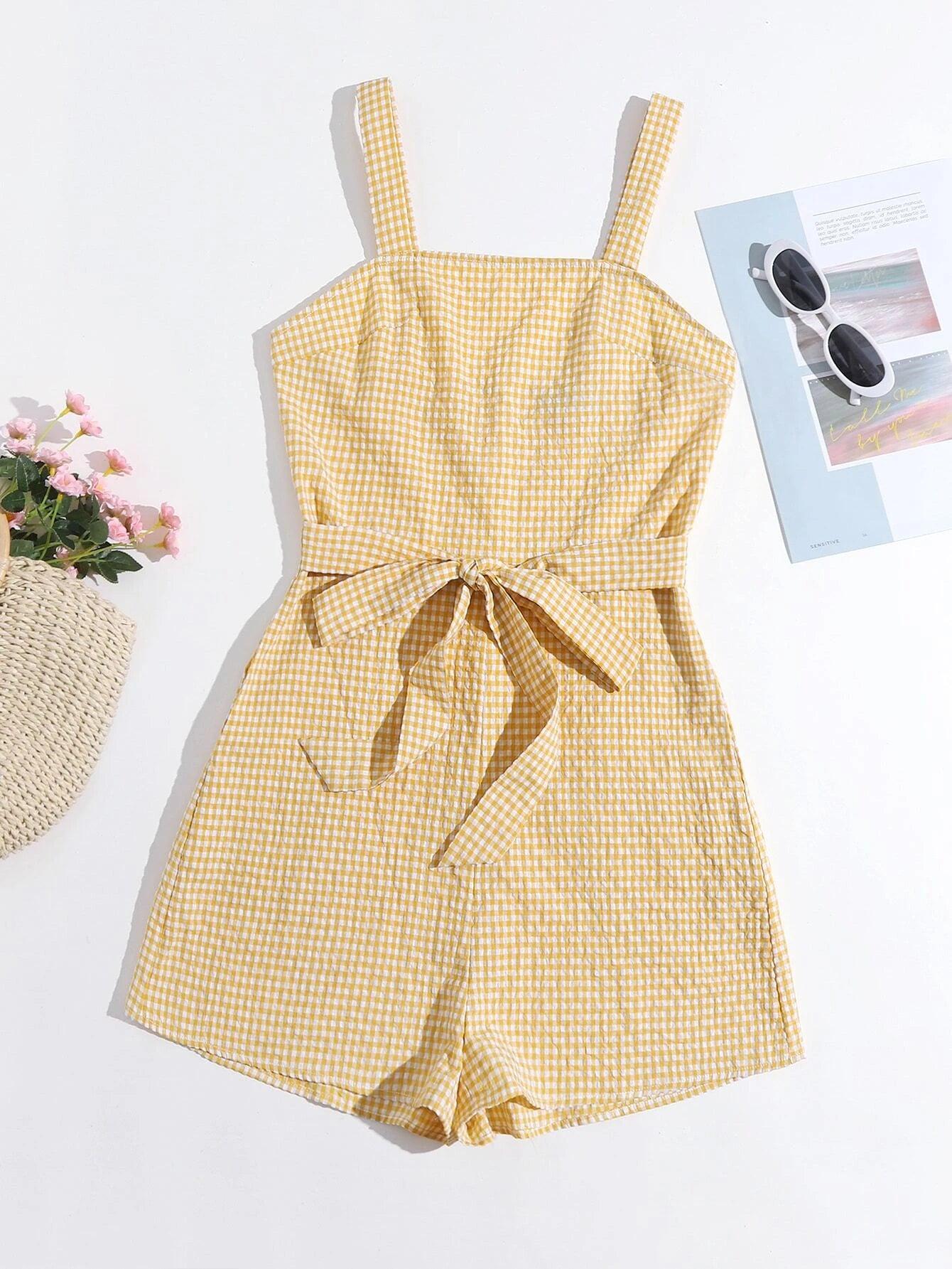 Gingham Belted Slip Romper-Comfy Jumpsuits