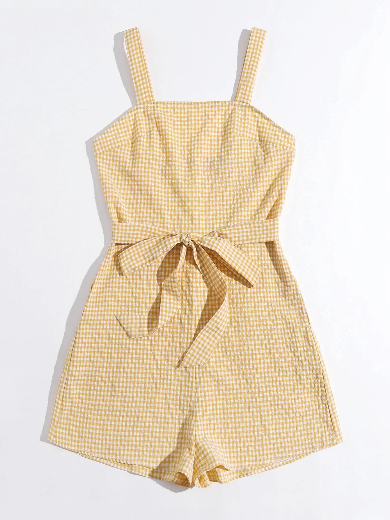 Gingham Belted Slip Romper-Comfy Jumpsuits