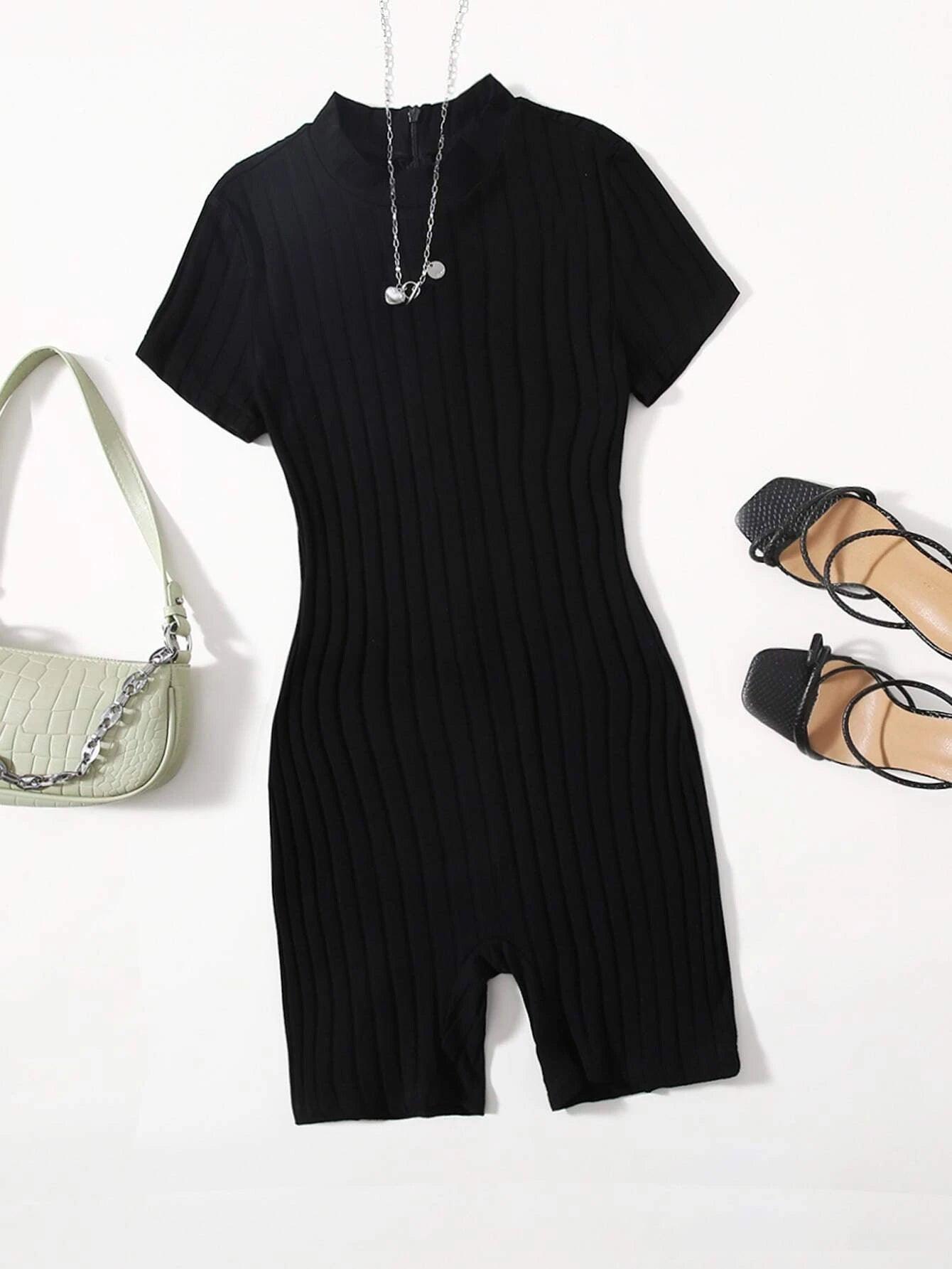 Mock Neck Rib-knit Unitard Romper-Comfy Jumpsuits