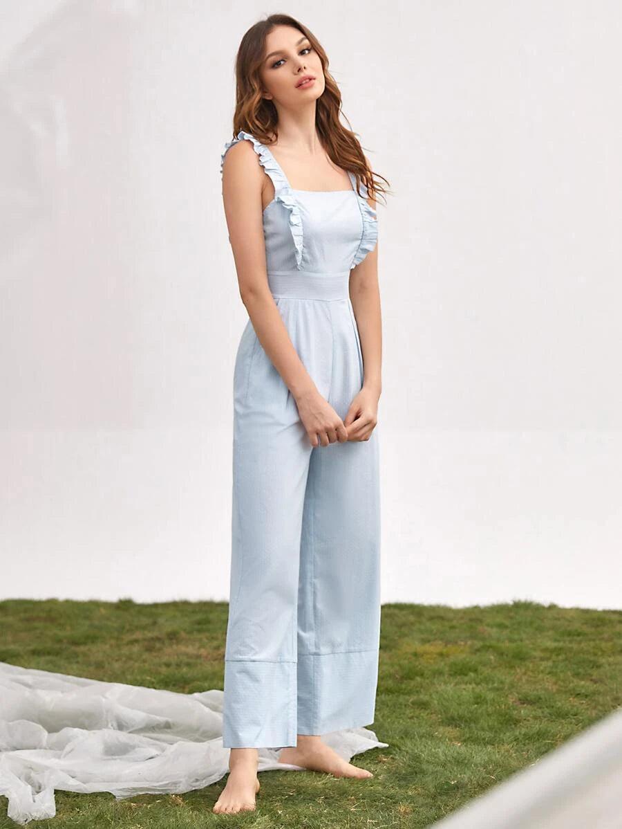 Ruffle Trim Wide Leg Jumpsuit-Comfy Jumpsuits