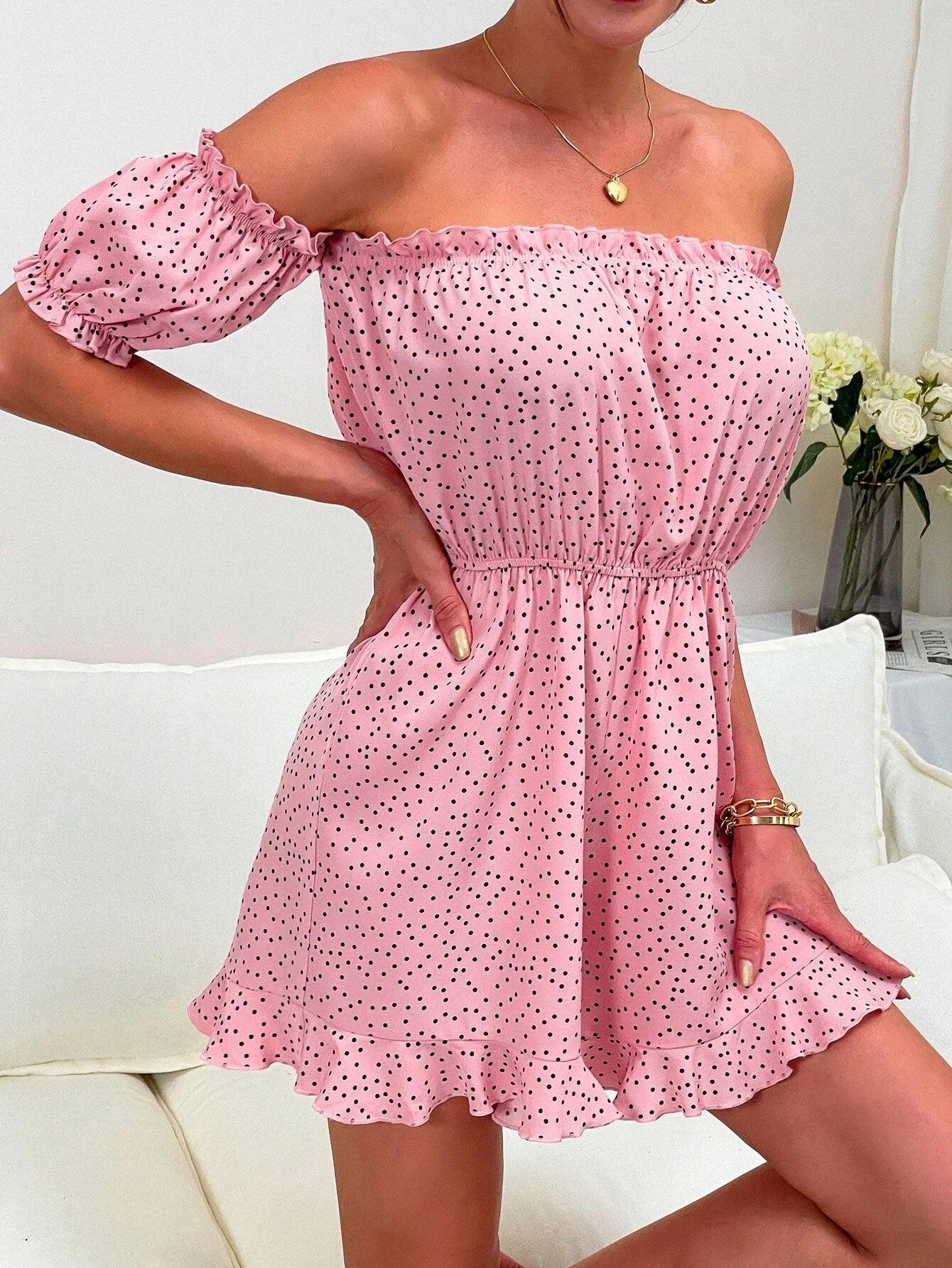 Polka Dot Off Shoulder Romper-Comfy Jumpsuits