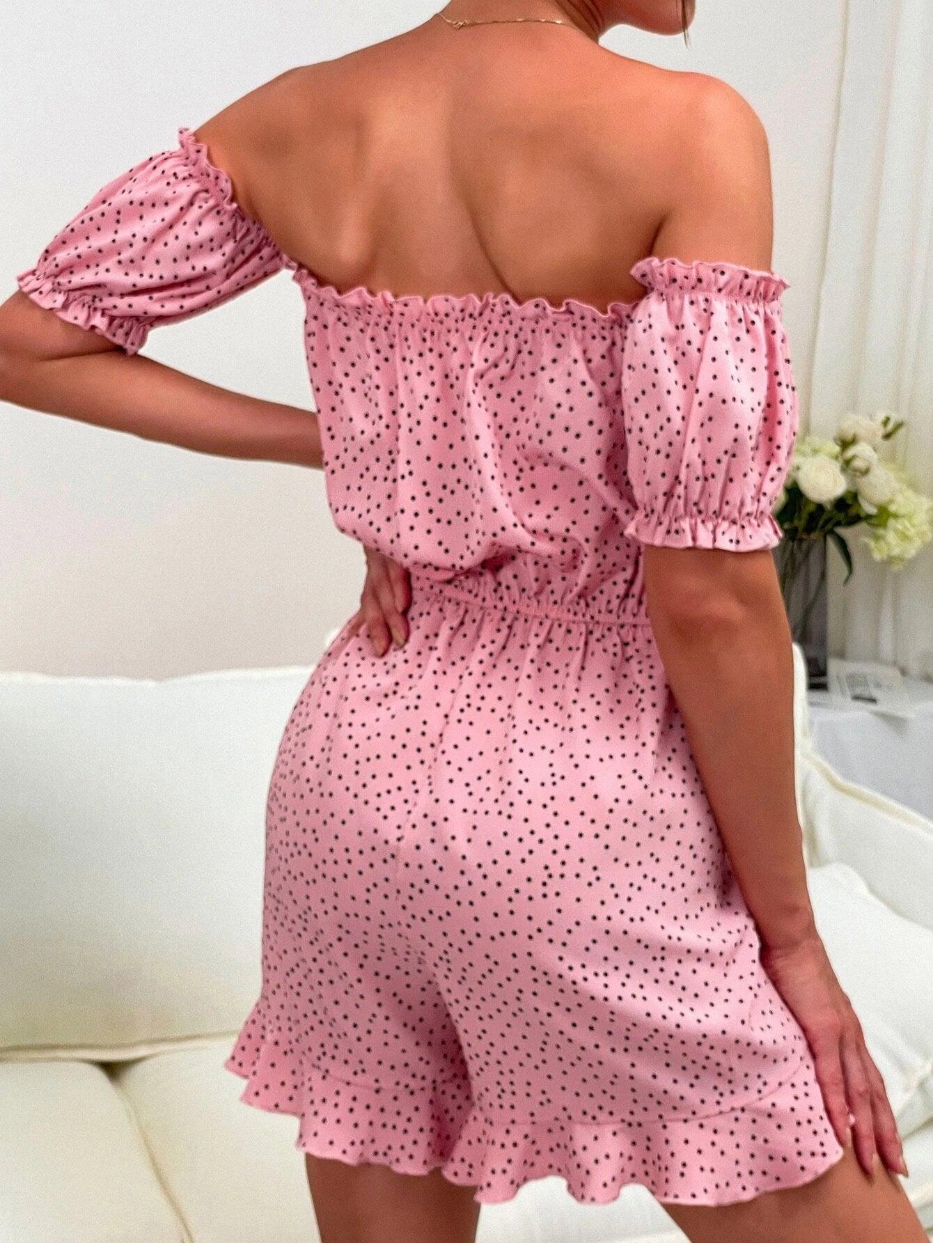 Polka Dot Off Shoulder Romper-Comfy Jumpsuits