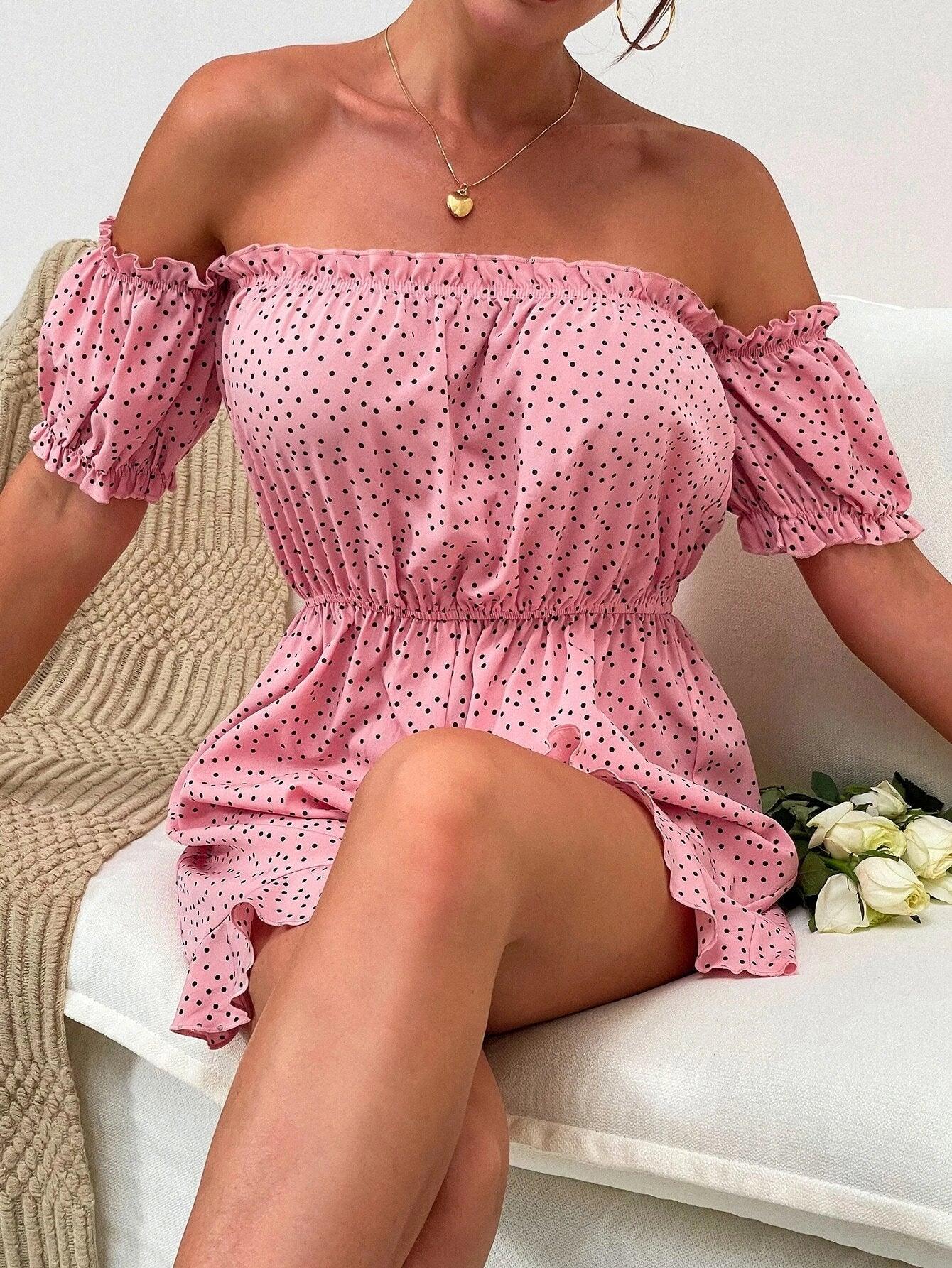Polka Dot Off Shoulder Romper-Comfy Jumpsuits