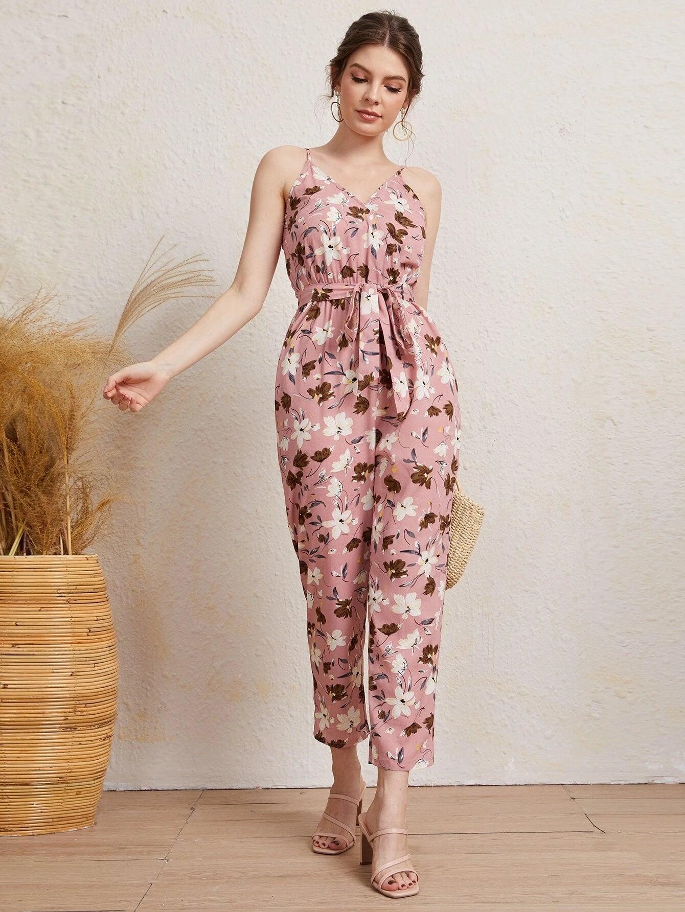 Floral Print Cami Jumpsuit-Comfy Jumpsuits