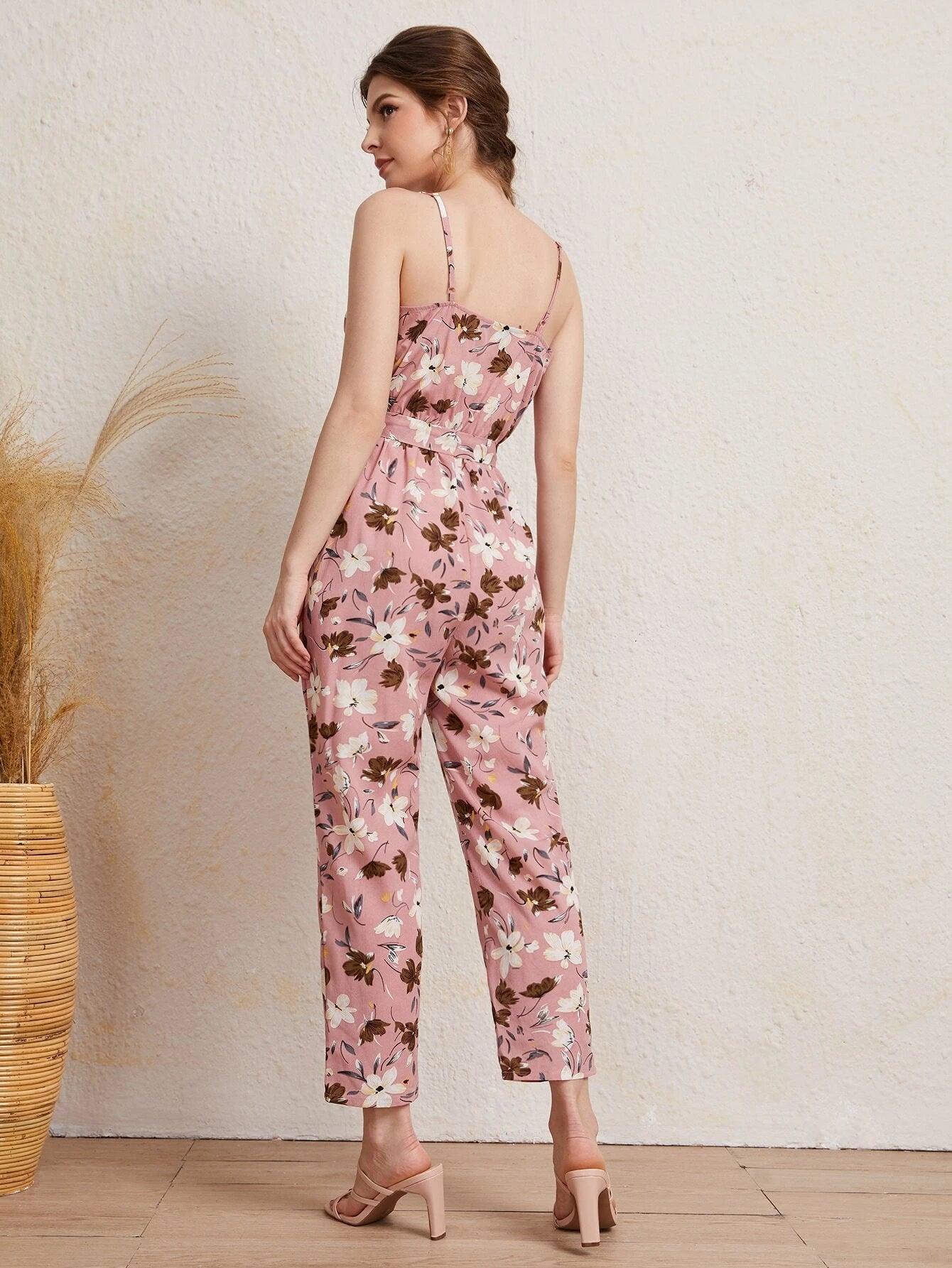 Floral Print Cami Jumpsuit-Comfy Jumpsuits