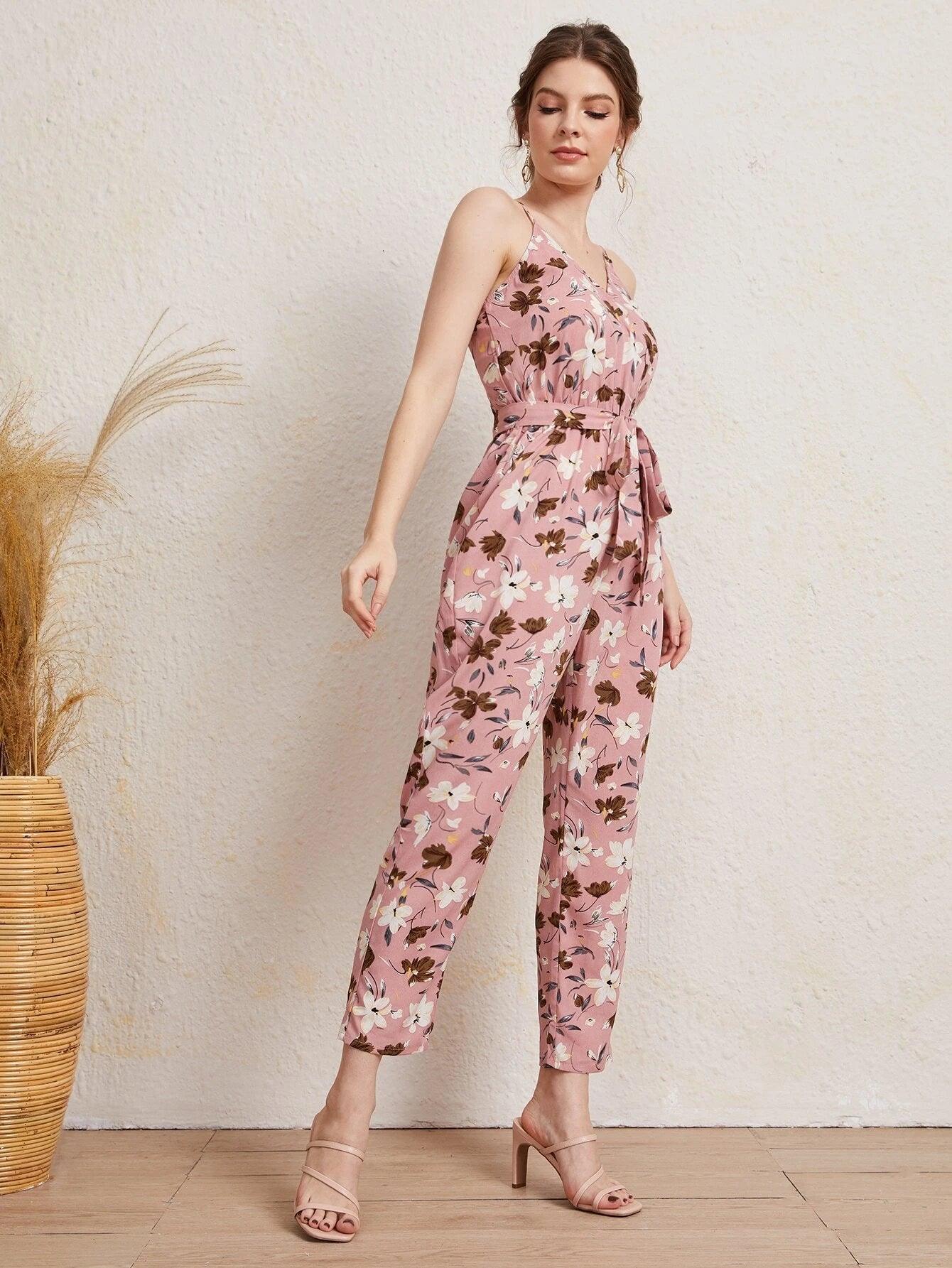 Floral Print Cami Jumpsuit-Comfy Jumpsuits