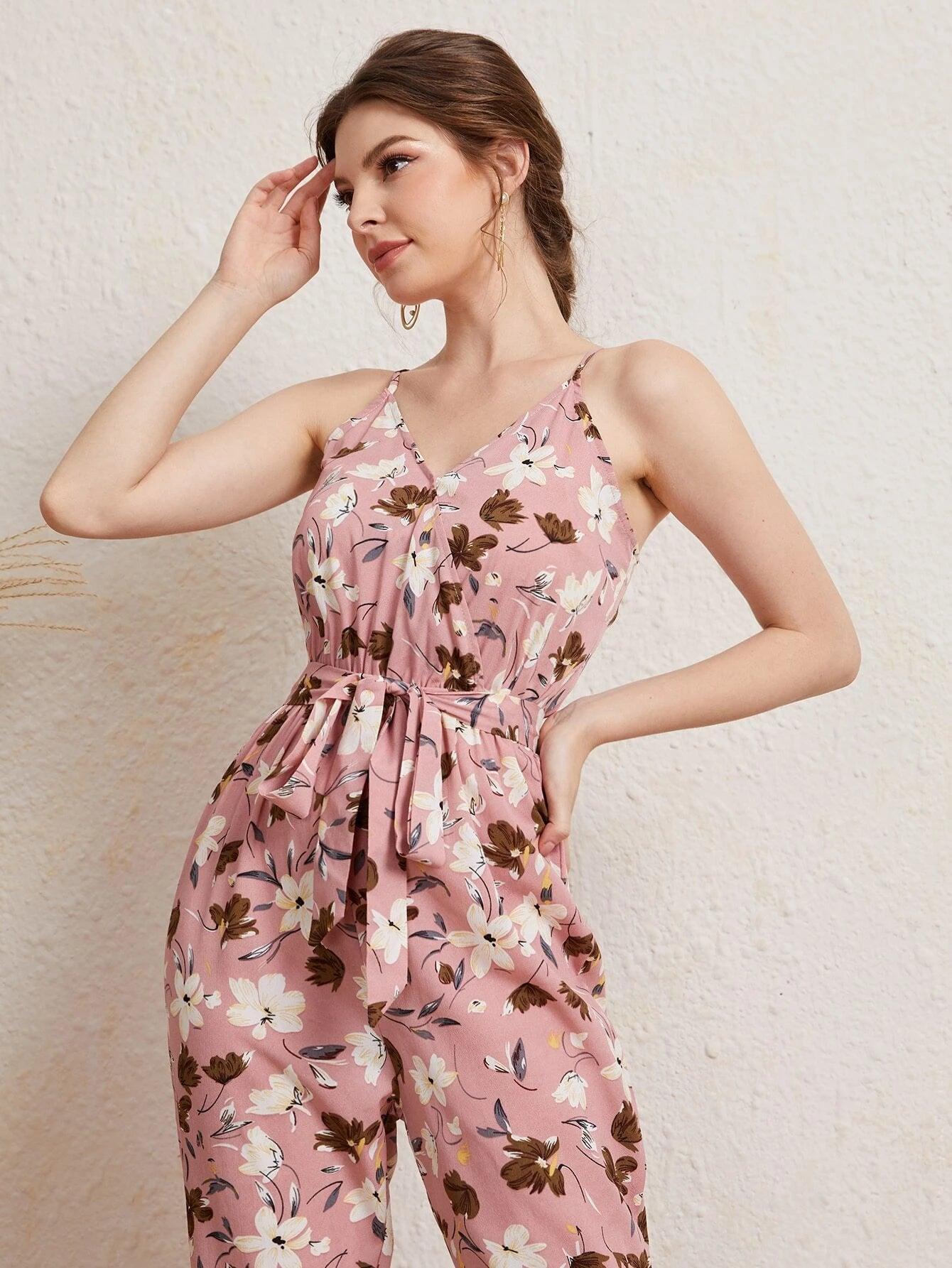 Floral Print Cami Jumpsuit-Comfy Jumpsuits