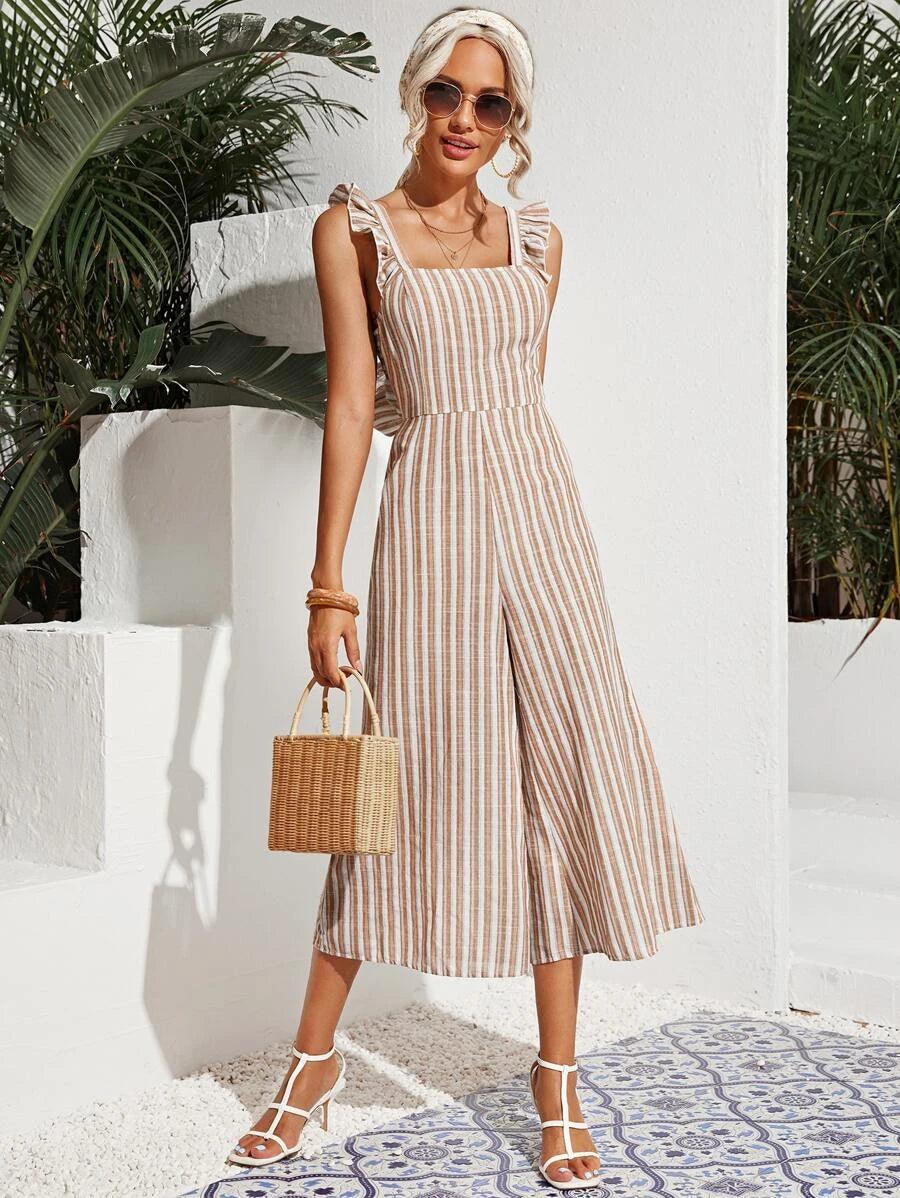 Ruffle Armhole Tie Back Striped Jumpsuit-Comfy Jumpsuits