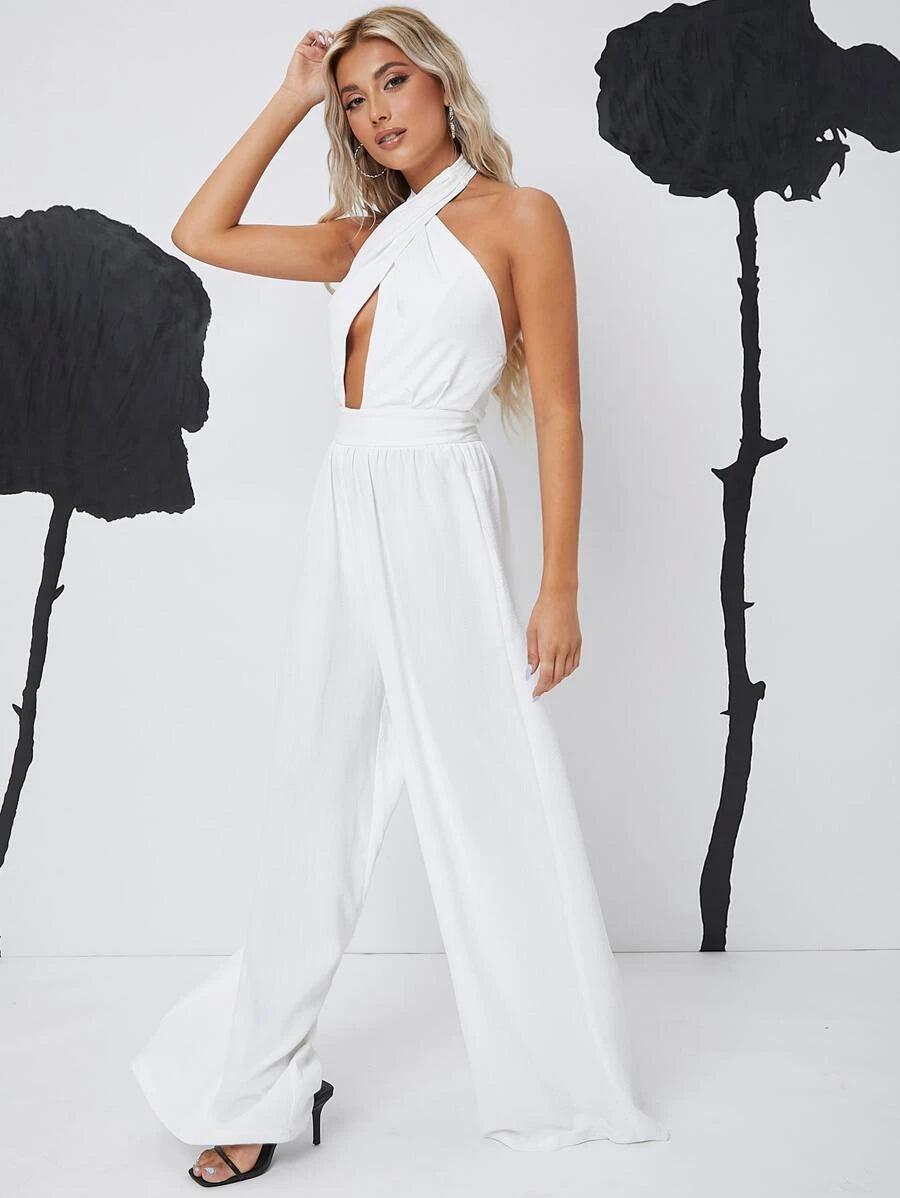 Crisscross Backless Solid Jumpsuit-Comfy Jumpsuits