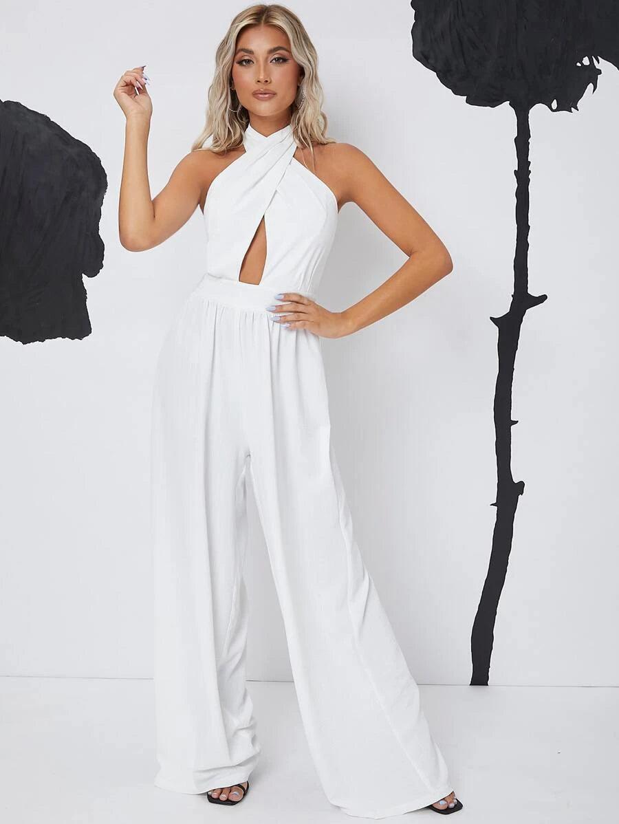 Crisscross Backless Solid Jumpsuit-Comfy Jumpsuits