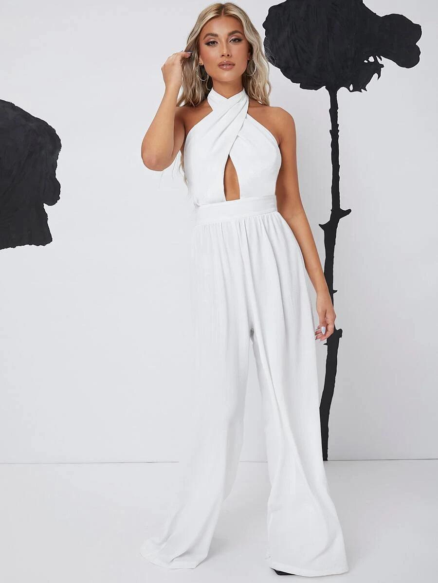 Crisscross Backless Solid Jumpsuit-Comfy Jumpsuits