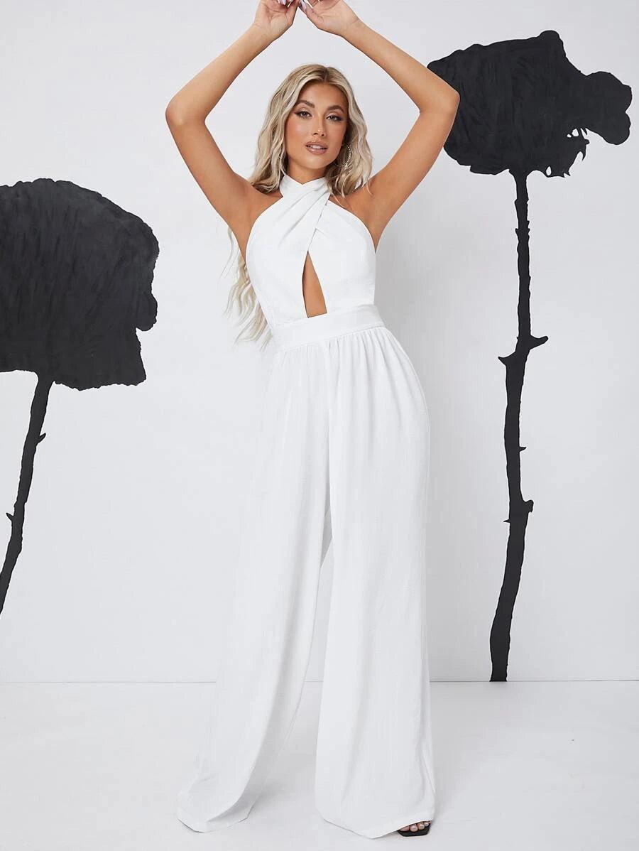 Crisscross Backless Solid Jumpsuit-Comfy Jumpsuits