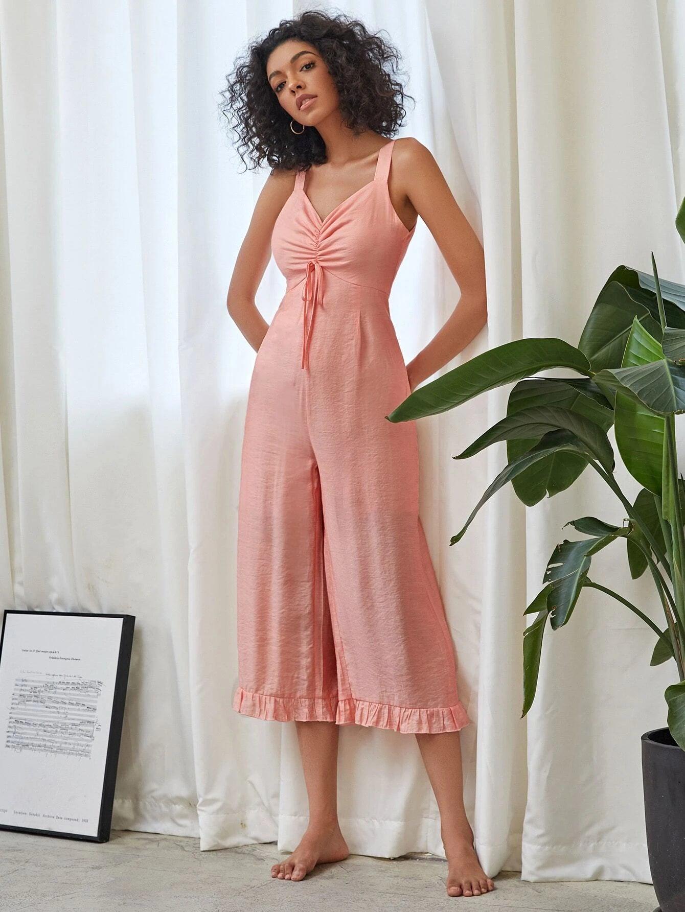 Zip Back Frill Trim Jumpsuit-Comfy Jumpsuits