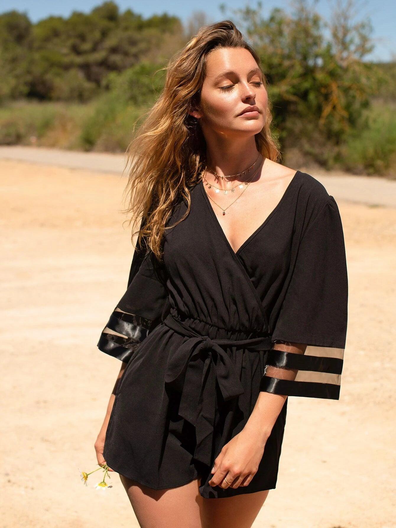 Mesh Panel Surplice Belted Romper-Comfy Jumpsuits