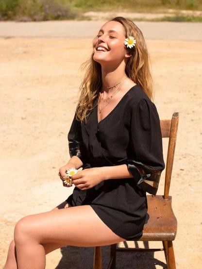 Mesh Panel Surplice Belted Romper-Comfy Jumpsuits