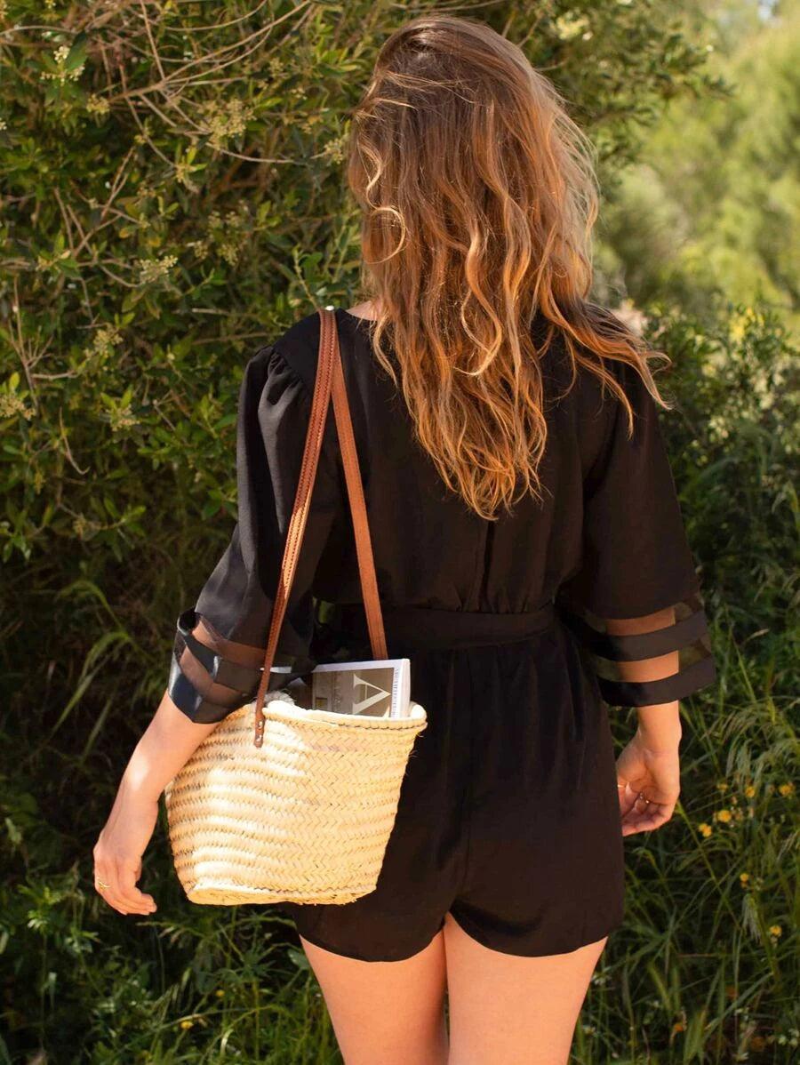 Mesh Panel Surplice Belted Romper-Comfy Jumpsuits