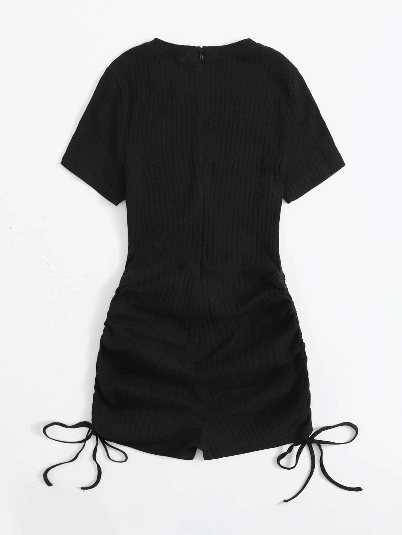 Ruched Drawstring Knot Rib-knit Romper-Comfy Jumpsuits