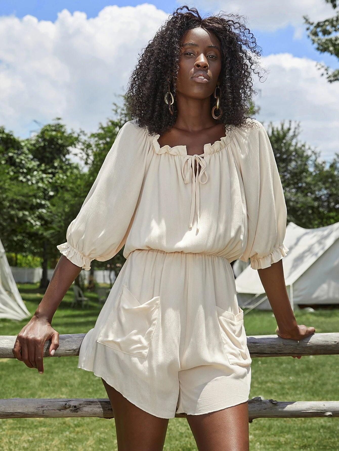 Knot Lantern Sleeve Romper-Comfy Jumpsuits