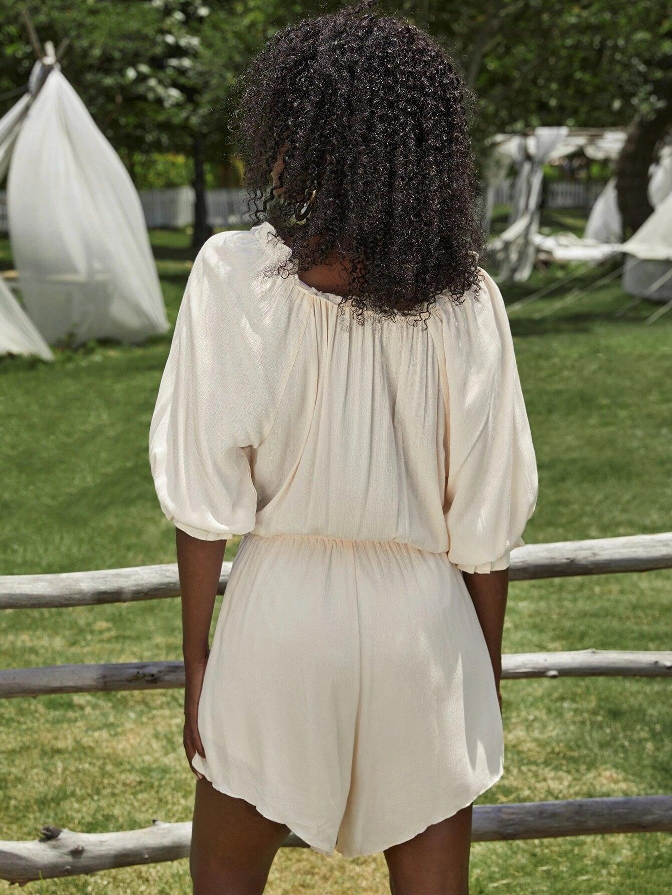 Knot Lantern Sleeve Romper-Comfy Jumpsuits