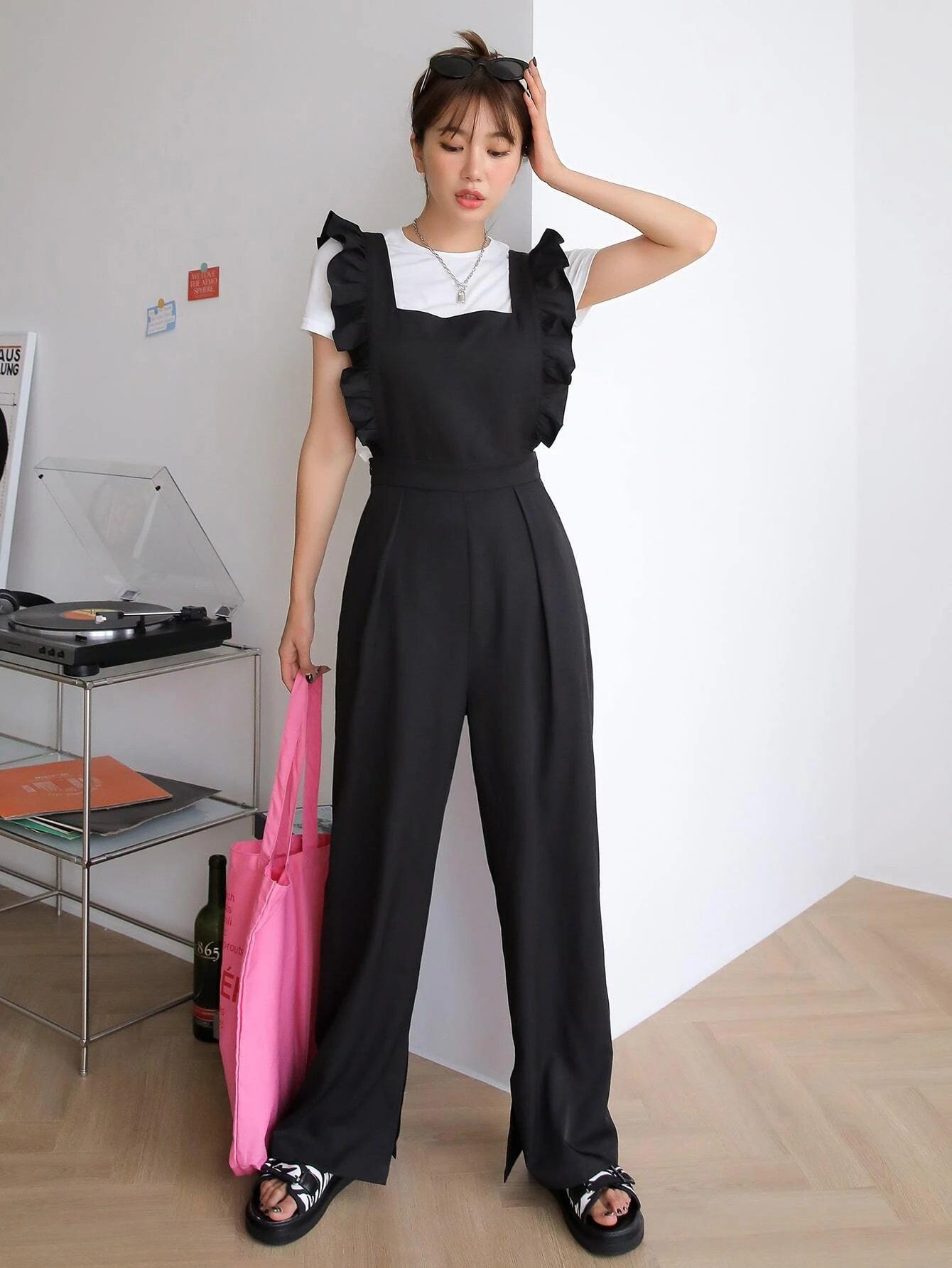 Ruffle Trim Overall Without Tee-Comfy Jumpsuits