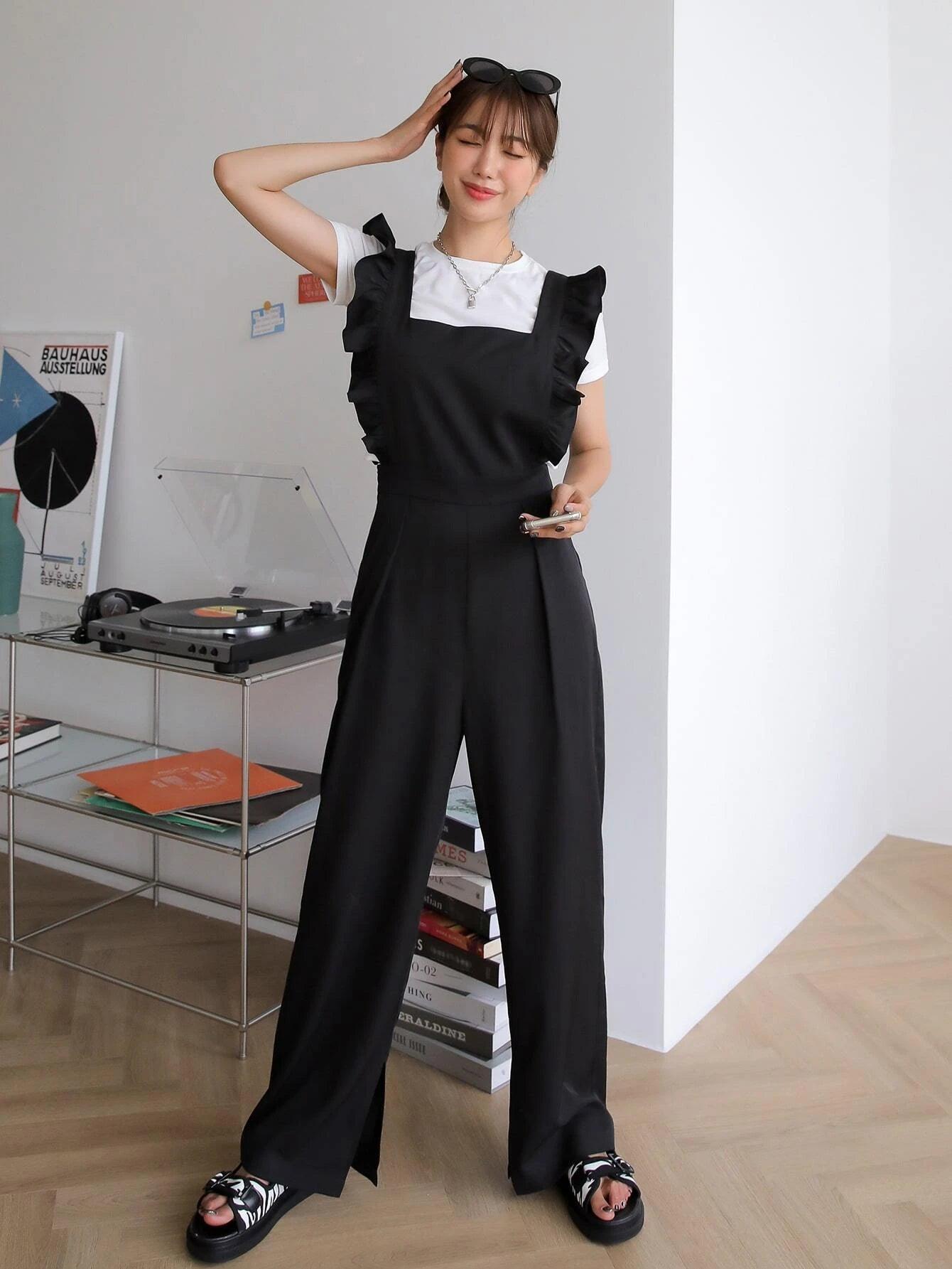 Ruffle Trim Overall Without Tee-Comfy Jumpsuits