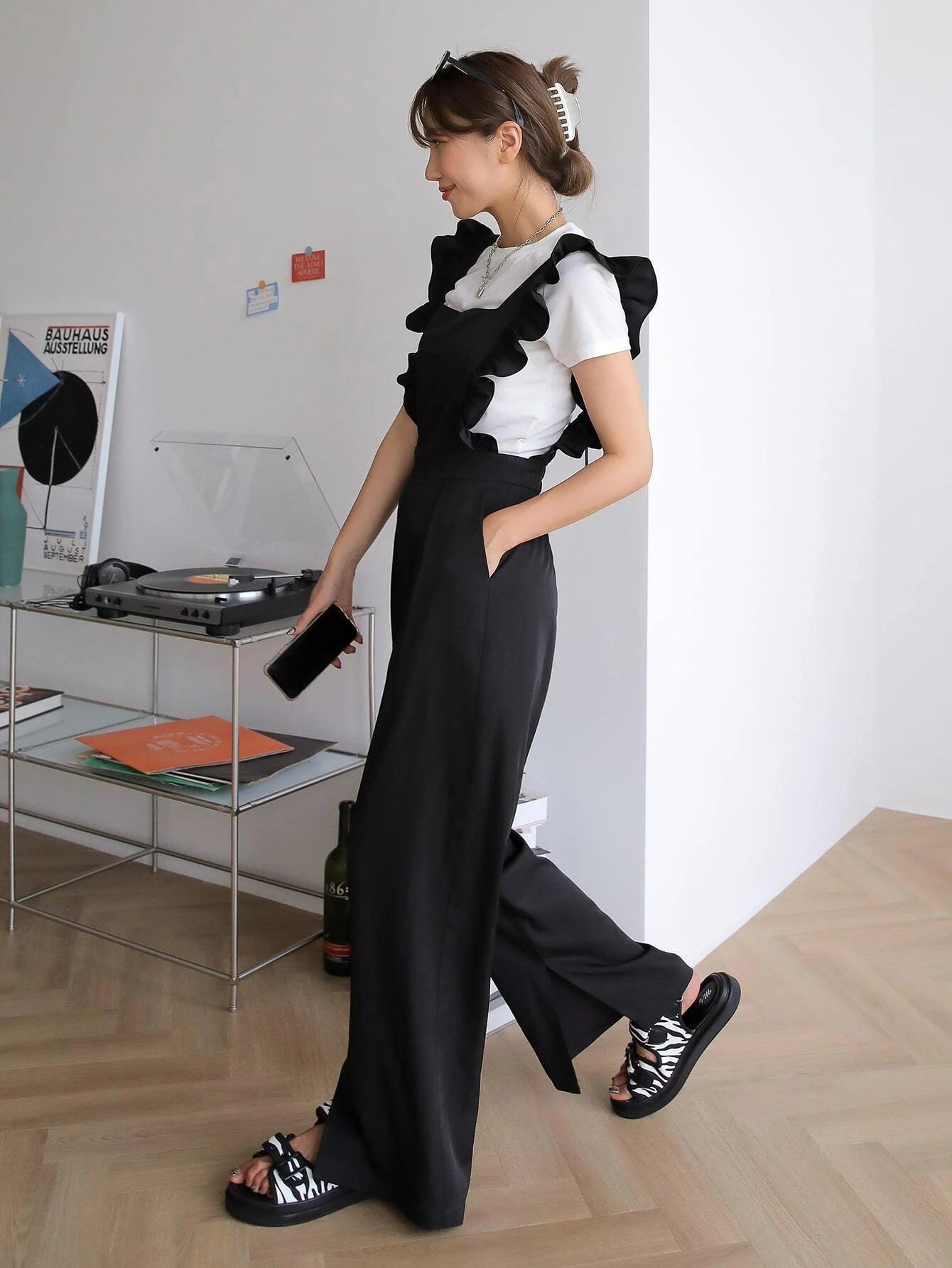 Ruffle Trim Overall Without Tee-Comfy Jumpsuits