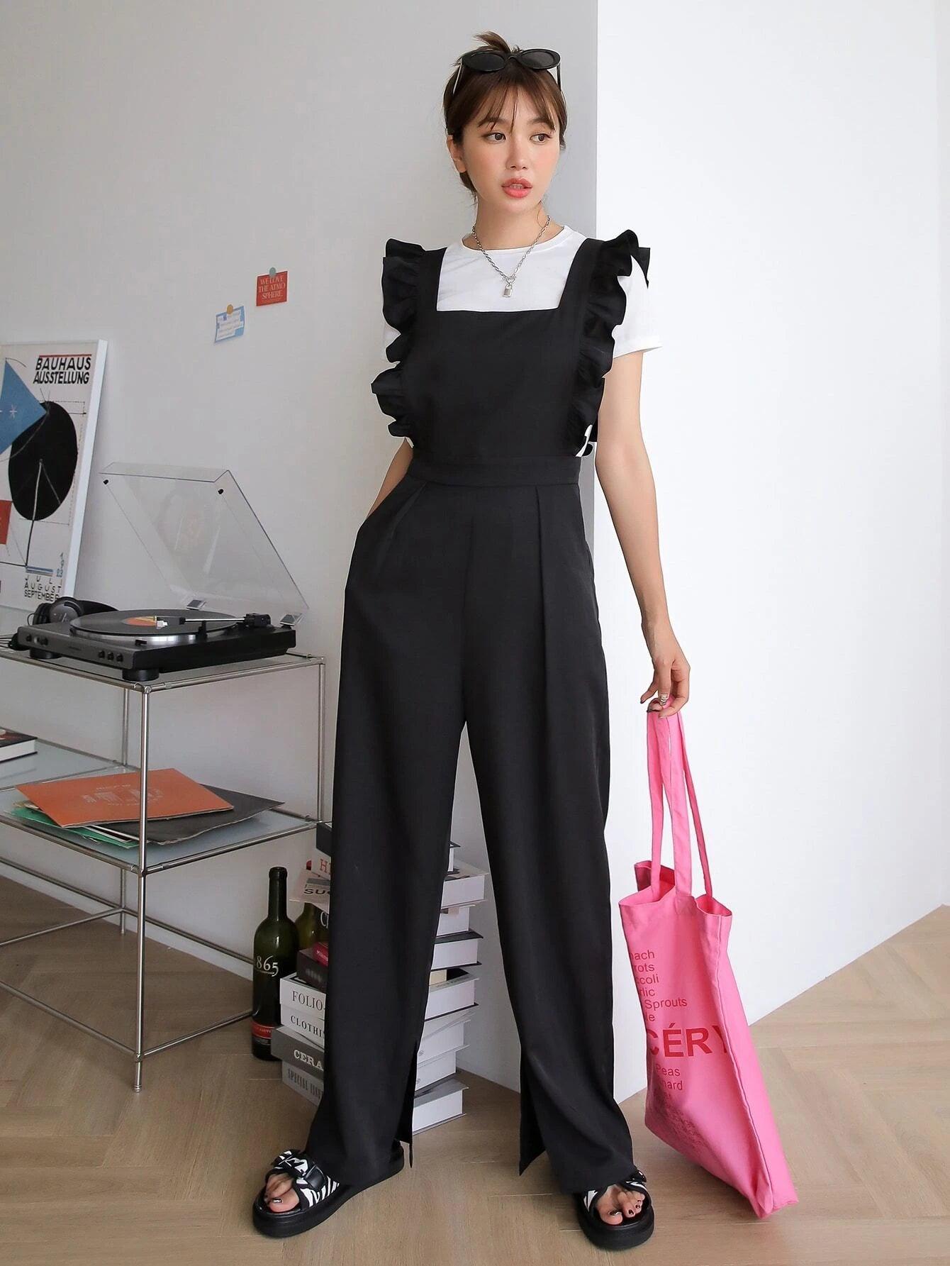 Ruffle Trim Overall Without Tee-Comfy Jumpsuits