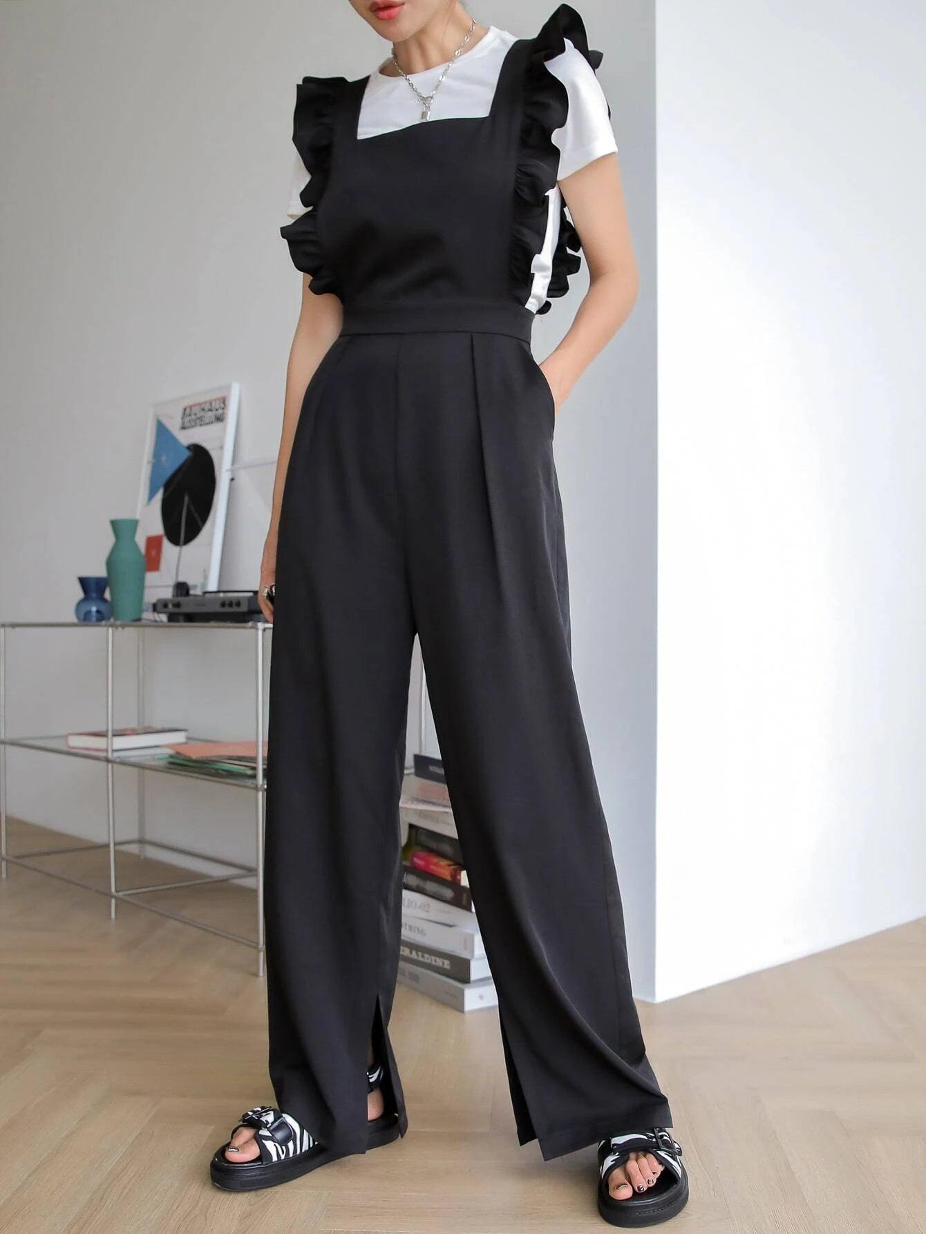 Ruffle Trim Overall Without Tee-Comfy Jumpsuits