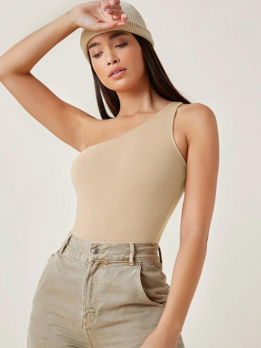One Shoulder Plain Bodysuit-Comfy Jumpsuits