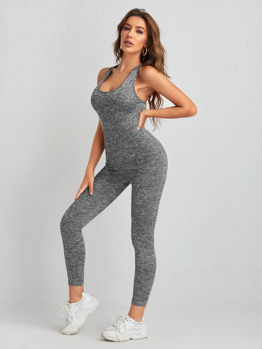 Crisscross Backless Marled Unitard Jumpsuit-Comfy Jumpsuits