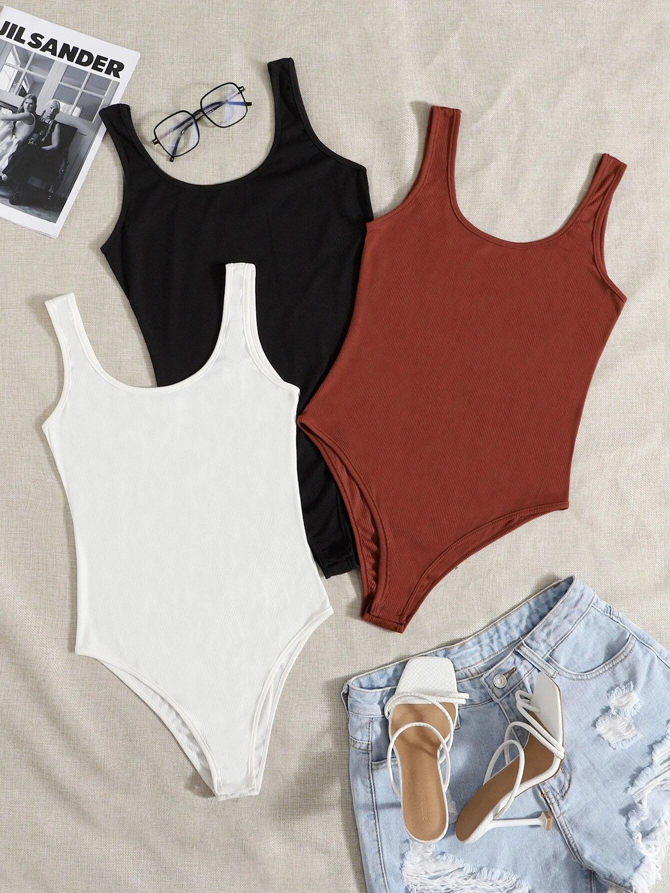 3 Pieces Ribbed Tank Bodysuit-Comfy Jumpsuits