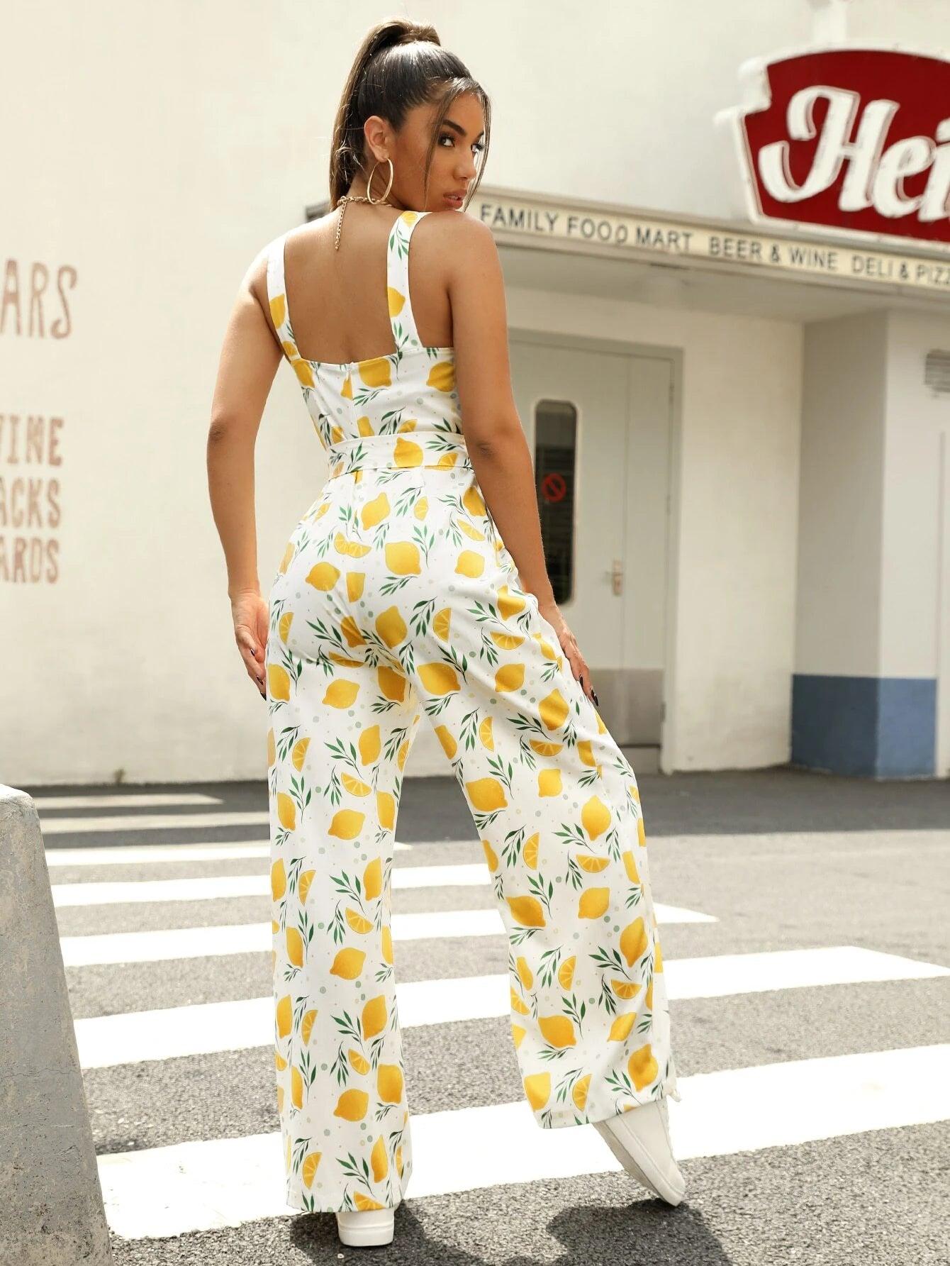 Allover Lemon Print Belted Jumpsuit-Comfy Jumpsuits