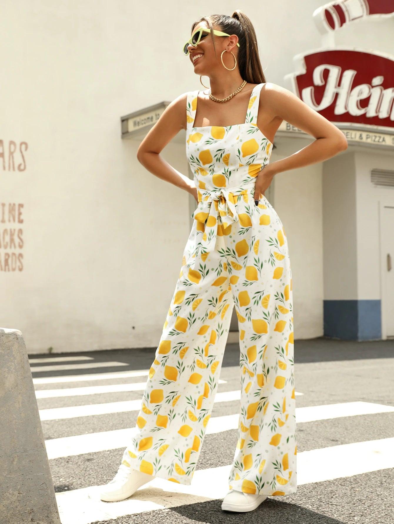 Allover Lemon Print Belted Jumpsuit-Comfy Jumpsuits