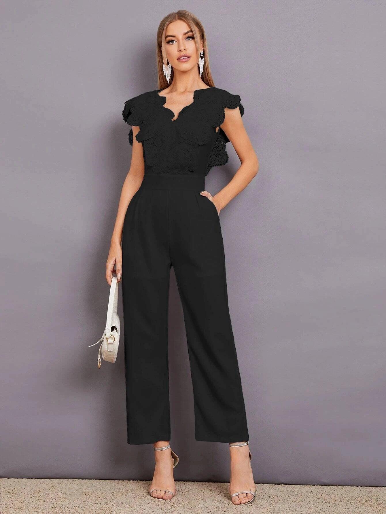 Contrast Lace Scallop Trim Jumpsuit-Comfy Jumpsuits