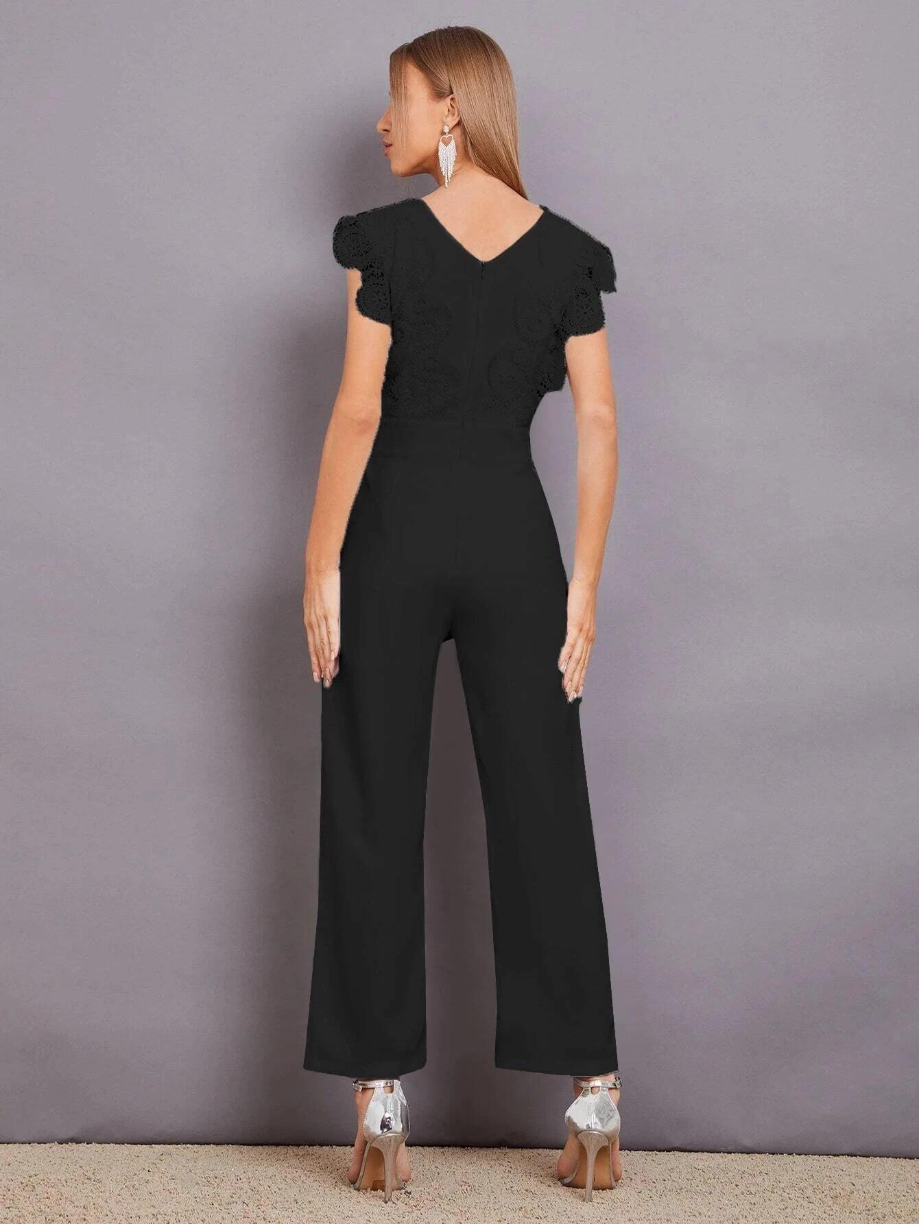 Contrast Lace Scallop Trim Jumpsuit-Comfy Jumpsuits