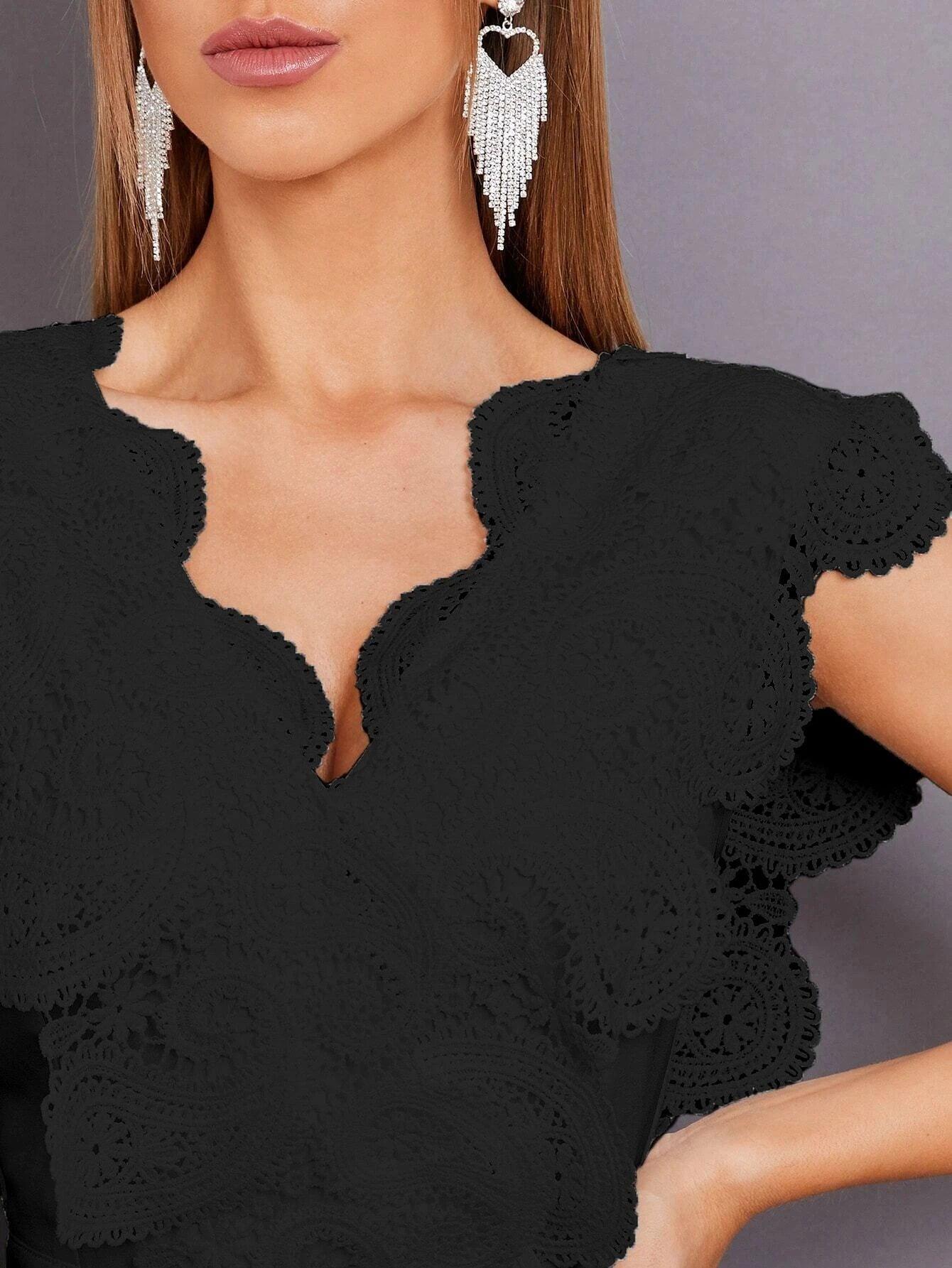 Contrast Lace Scallop Trim Jumpsuit-Comfy Jumpsuits