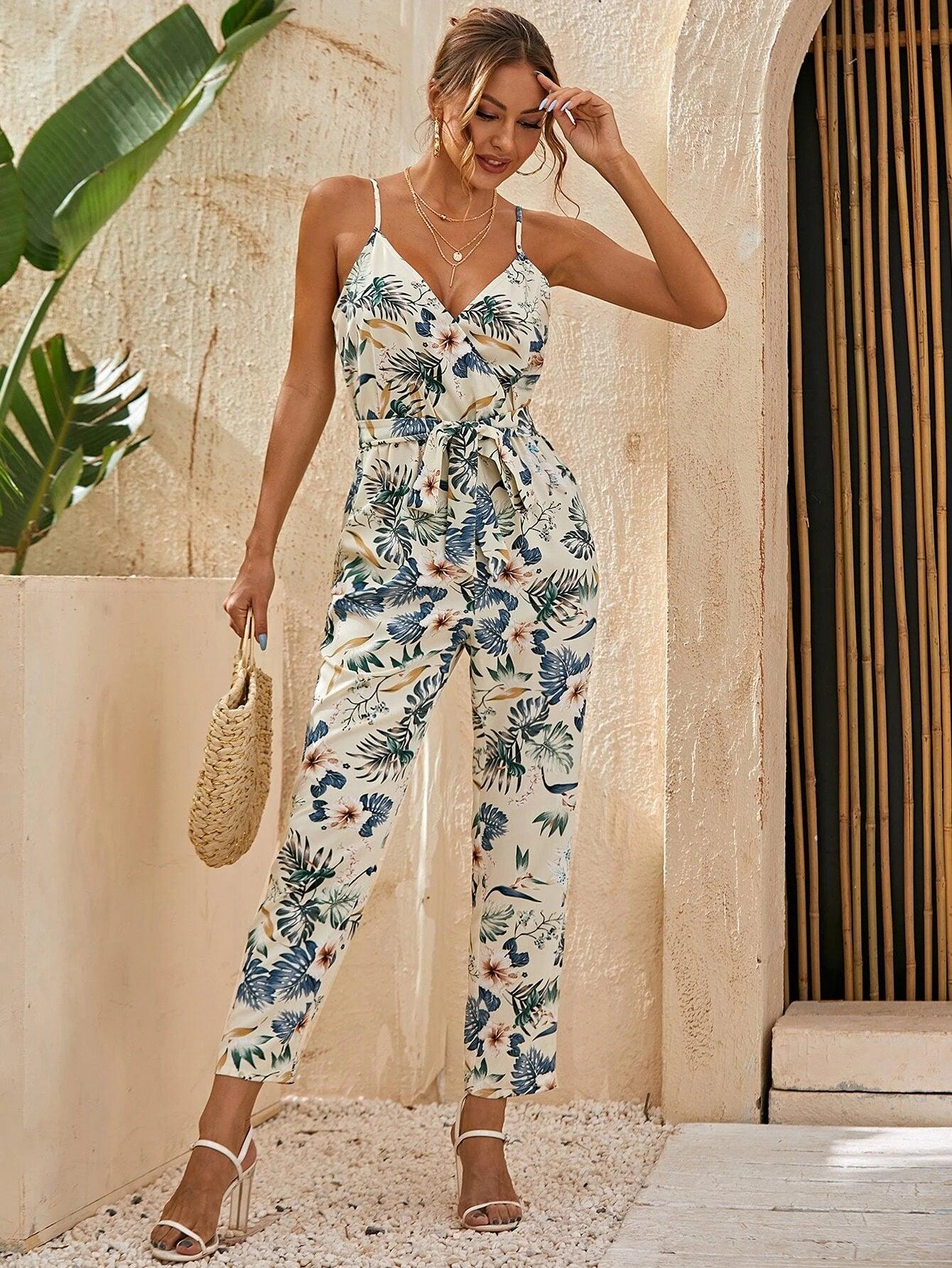 Belted Tropical Print Cami Jumpsuit-Comfy Jumpsuits