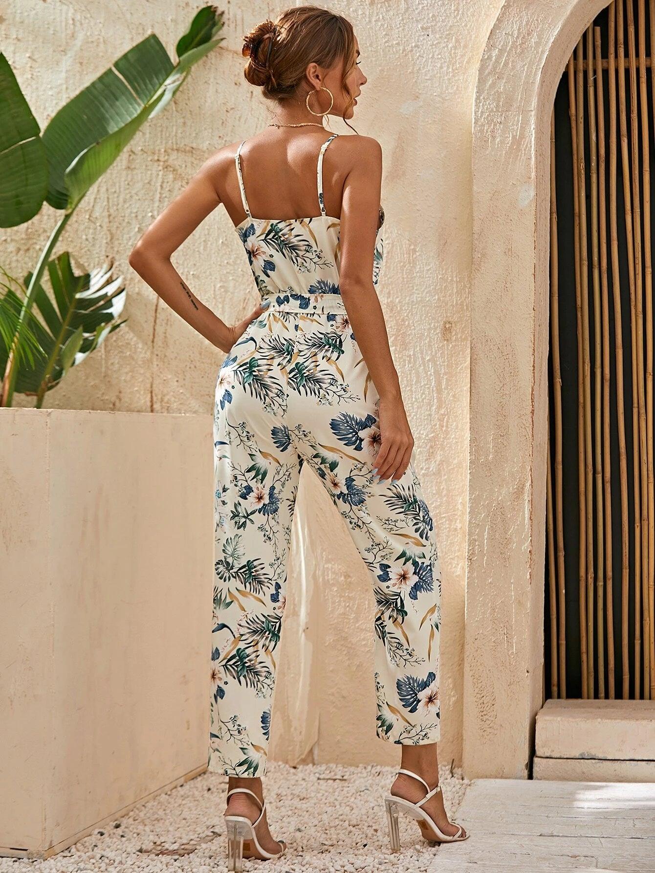 Belted Tropical Print Cami Jumpsuit-Comfy Jumpsuits