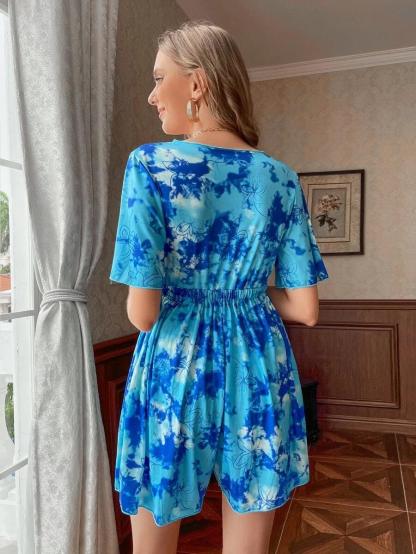 Tie Dye Front Knot Romper-Comfy Jumpsuits