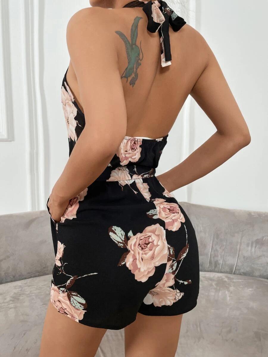Floral Backless Belted Romper-Comfy Jumpsuits
