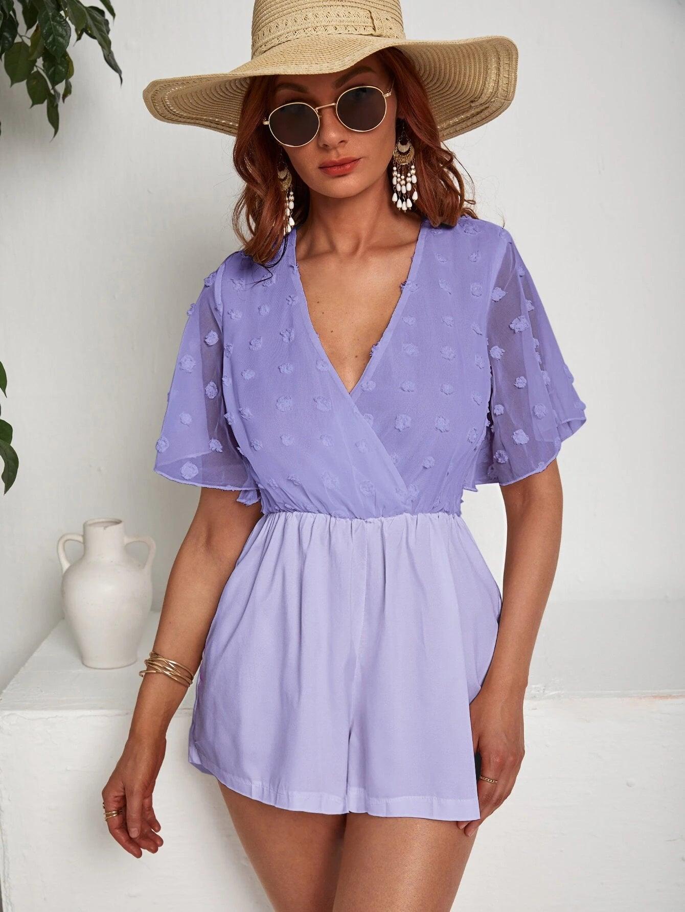 Surplice Neck Swiss Dot Romper-Comfy Jumpsuits