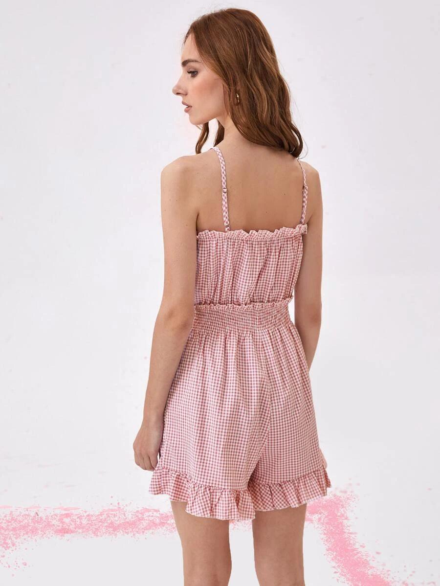 Gingham Print Frill Ruffle Trim Cami Romper-Comfy Jumpsuits