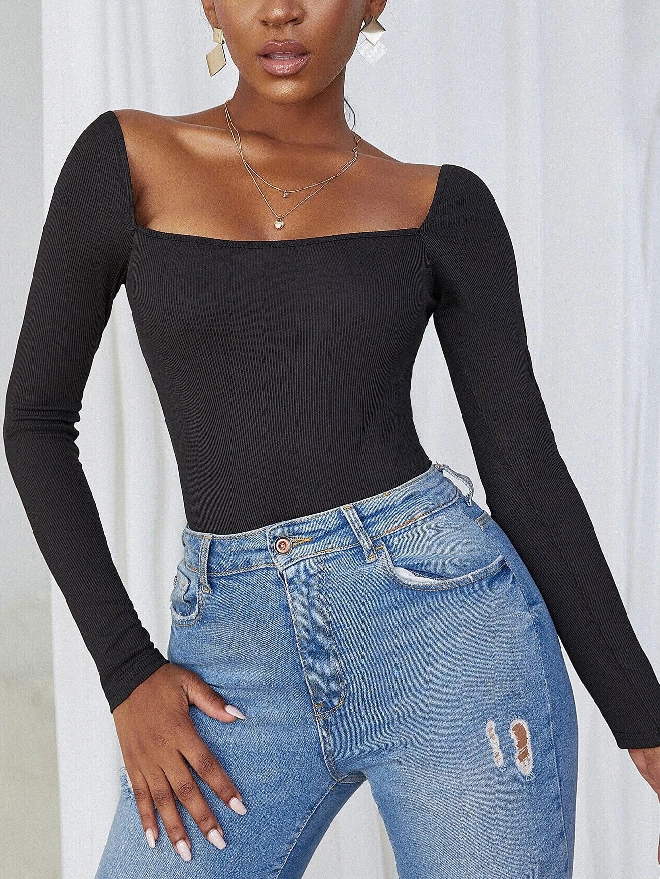 Rib Knit Bodysuit-Comfy Jumpsuits